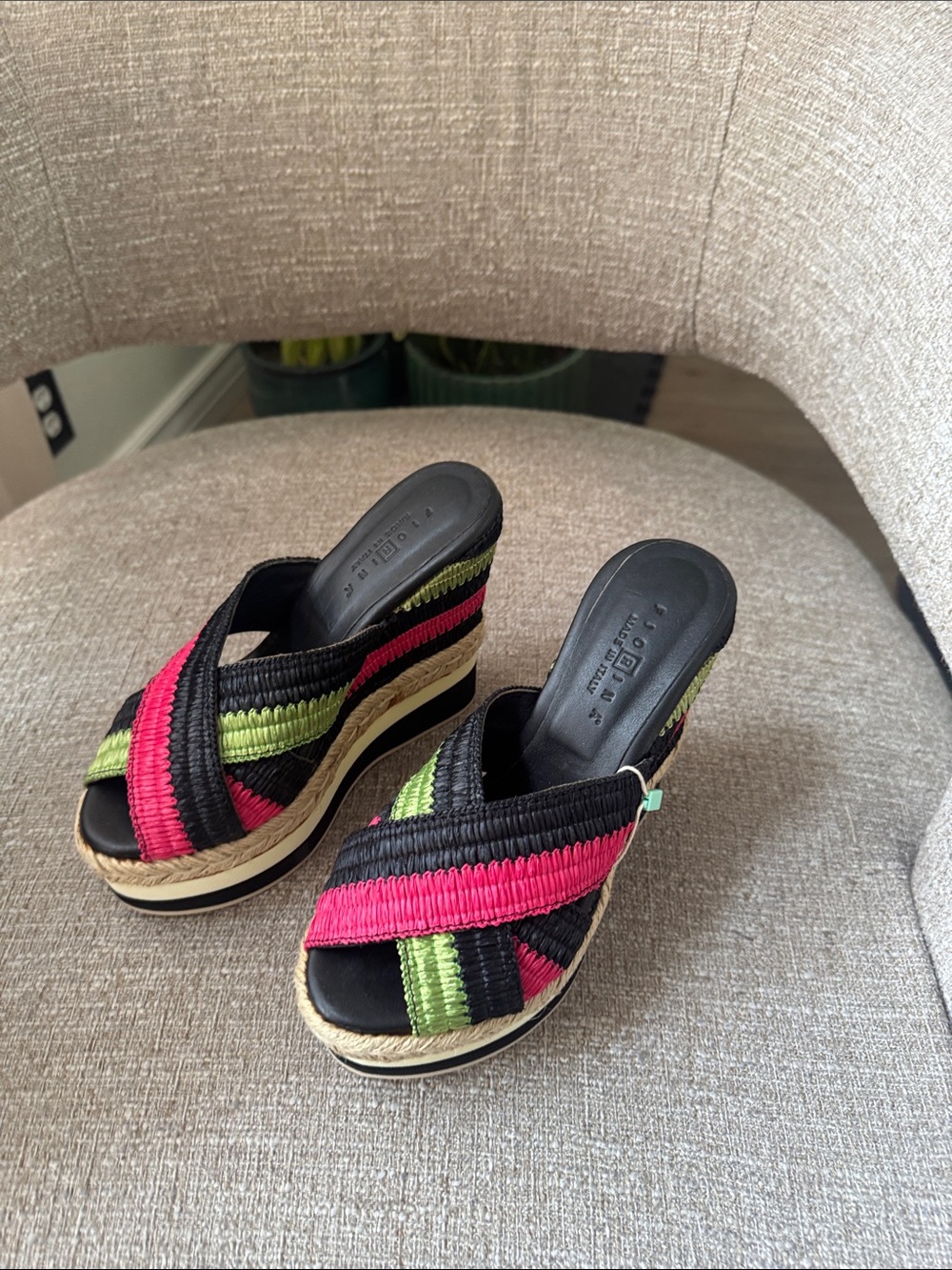 Woven Crisscross Wedge Slides in Black, Pink & Green
